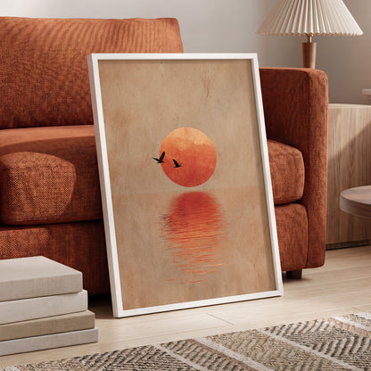 Crimson Migration, beige, red, orange nature wall art displayed in a styled interior, gallery view 6
