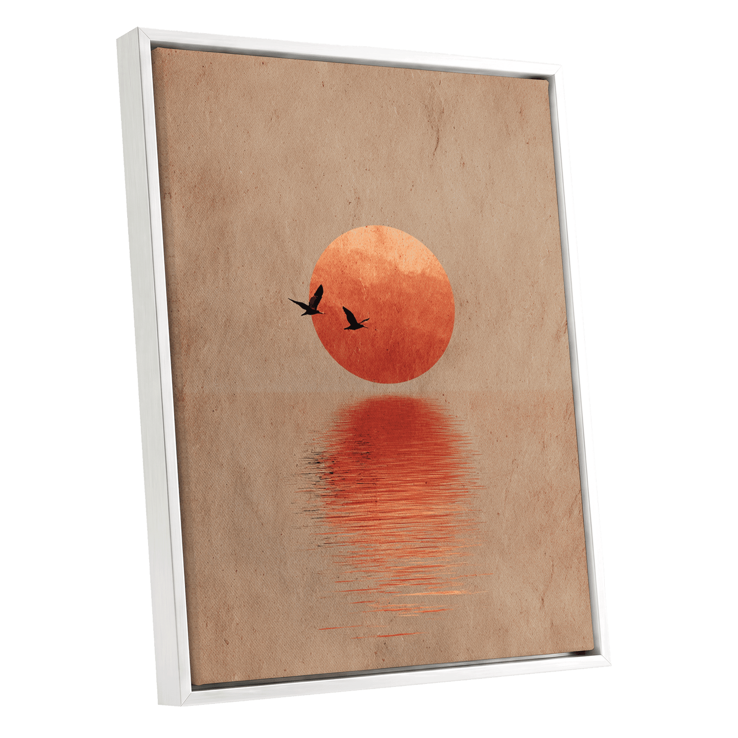 Crimson Migration, beige, red, orange nature wall art shown as a white framed canvas wall art