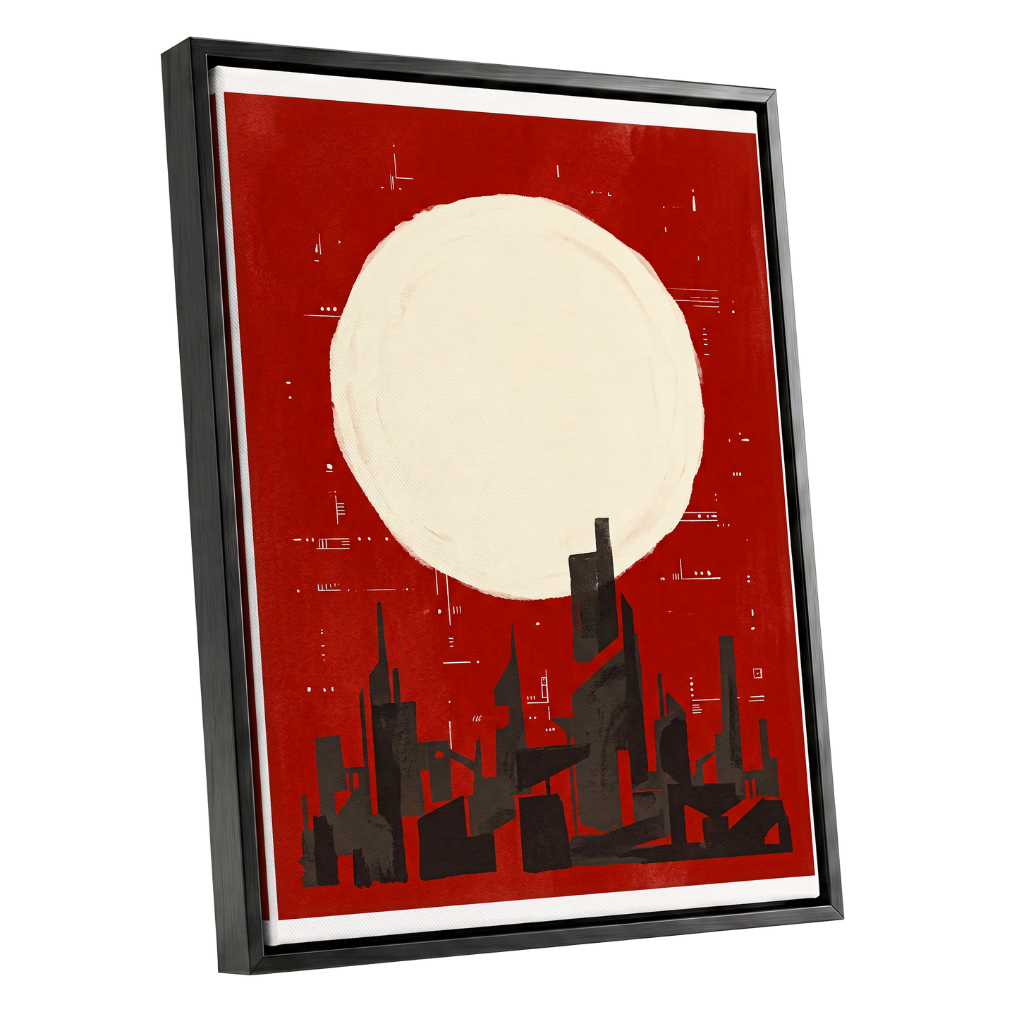 Crimson Moon Metropolis, red, beige, black minimalist wall art shown as a black framed canvas wall art