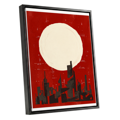 Crimson Moon Metropolis, red, beige, black minimalist wall art shown as a black framed canvas wall art