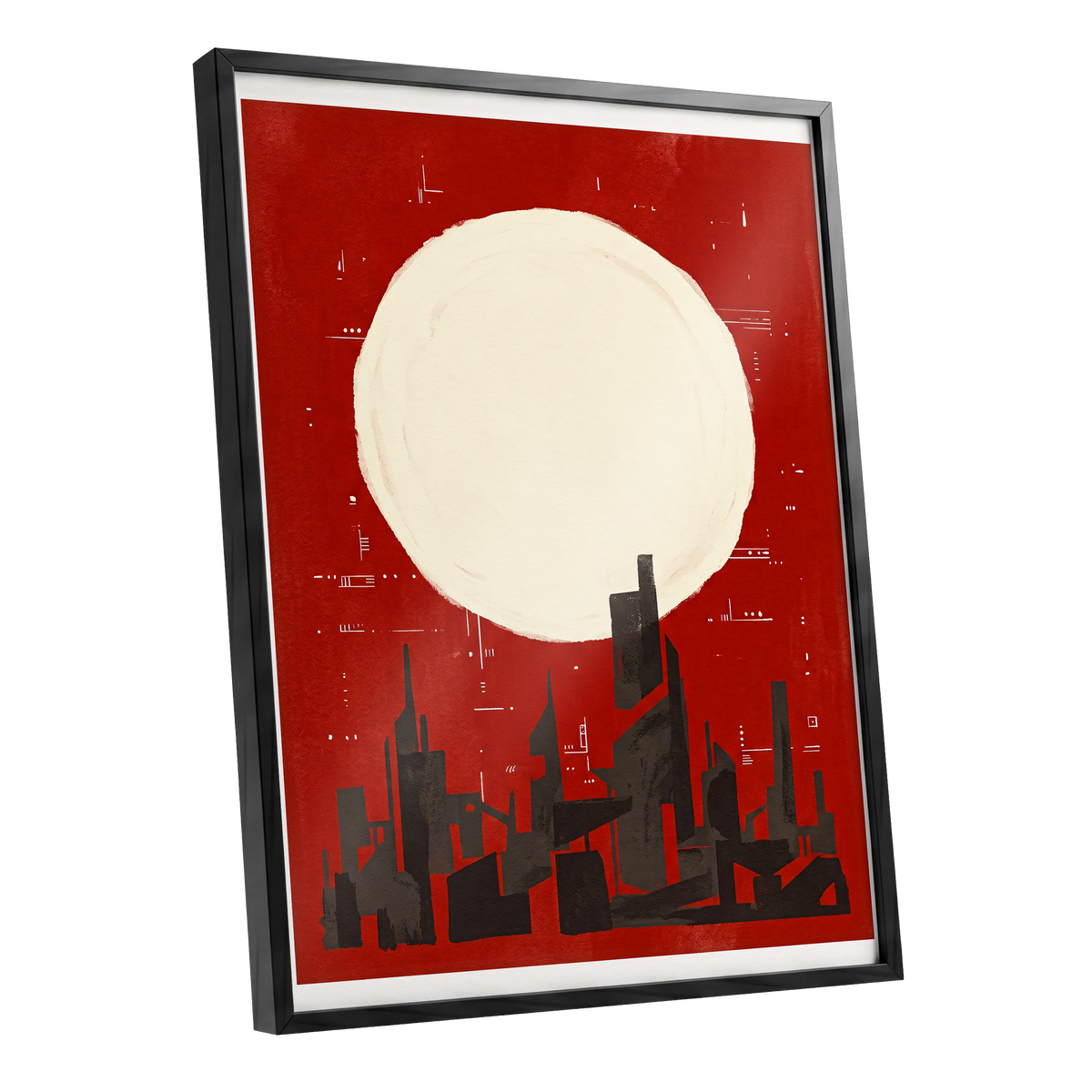 Crimson Moon Metropolis, red, beige, black minimalist wall art shown as a black framed poster wall art print
