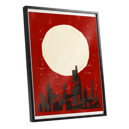 Crimson Moon Metropolis, red, beige, black minimalist wall art shown as a black framed poster wall art print