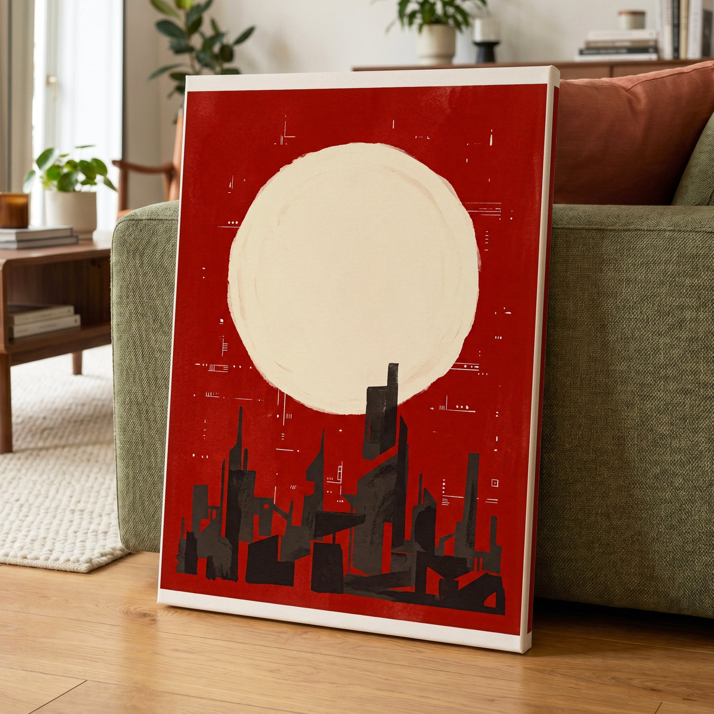 Crimson Moon Metropolis, red, beige, black minimalist wall art on canvas displayed in a styled interior, gallery view 1