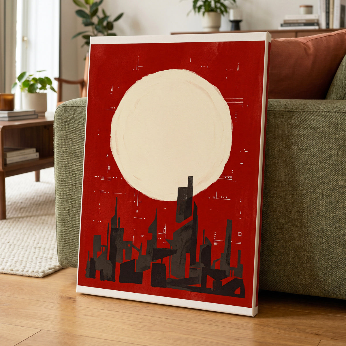 Crimson Moon Metropolis, red, beige, black minimalist wall art on canvas displayed in a styled interior, gallery view 1