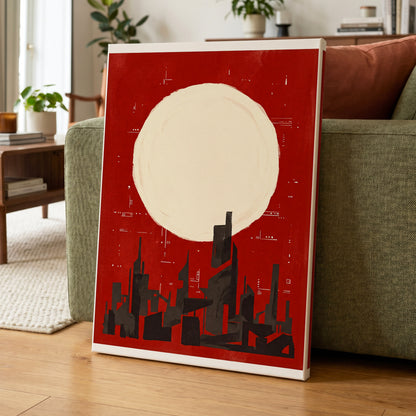 Crimson Moon Metropolis, red, beige, black minimalist wall art on canvas displayed in a styled interior, gallery view 1