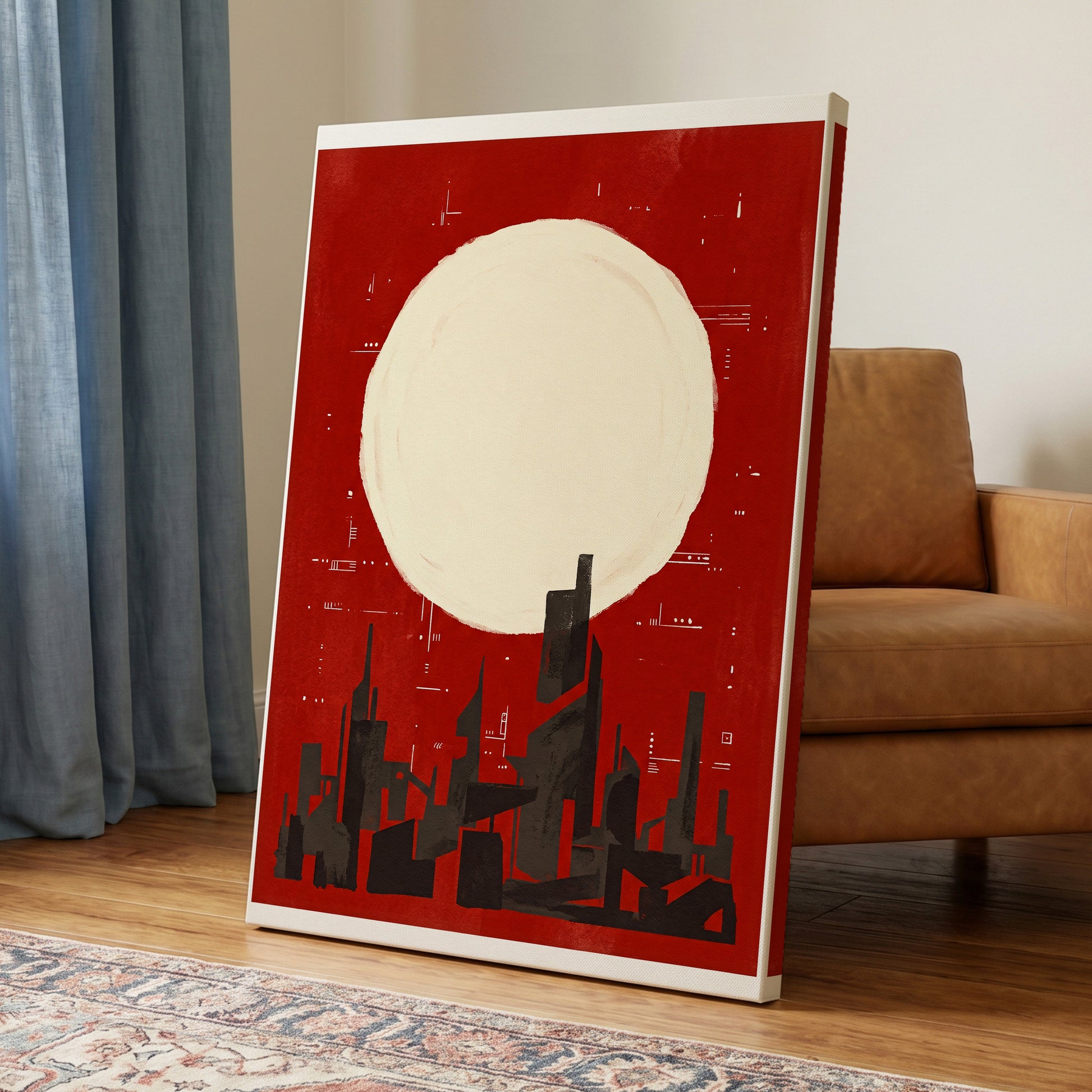 Crimson Moon Metropolis, red, beige, black minimalist wall art on canvas displayed in a styled interior, gallery view 2