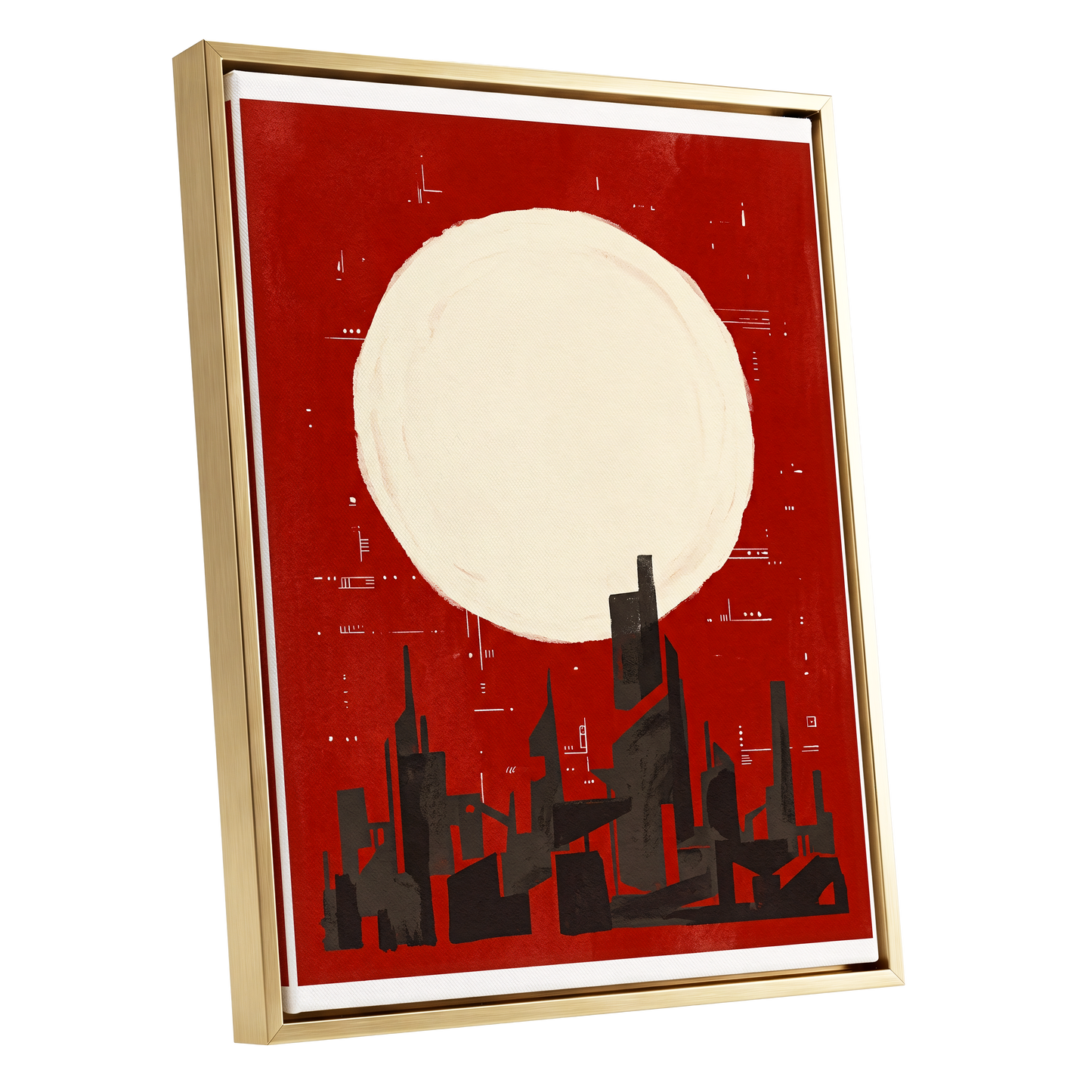 Crimson Moon Metropolis, red, beige, black minimalist wall art shown as a gold framed canvas wall art