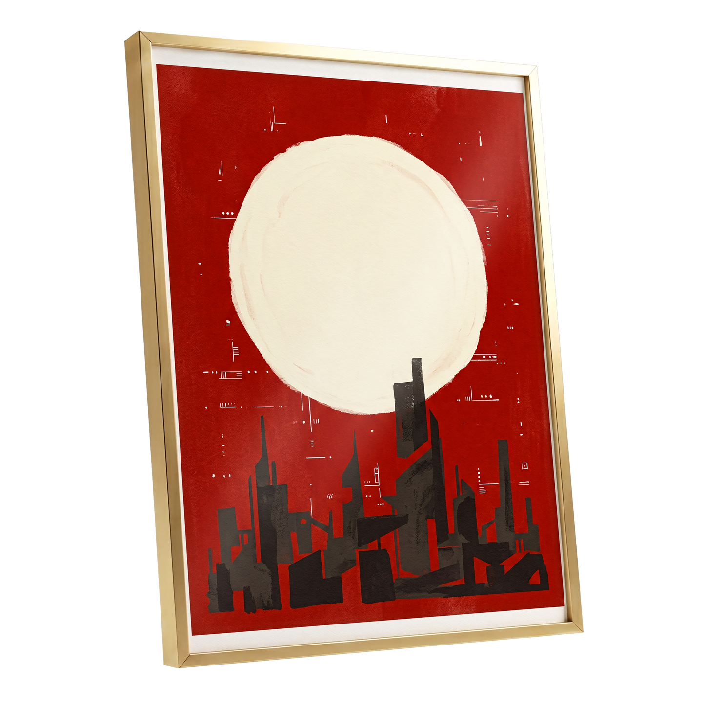 Crimson Moon Metropolis, red, beige, black minimalist wall art shown as a gold framed poster wall art print