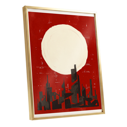 Crimson Moon Metropolis, red, beige, black minimalist wall art shown as a gold framed poster wall art print