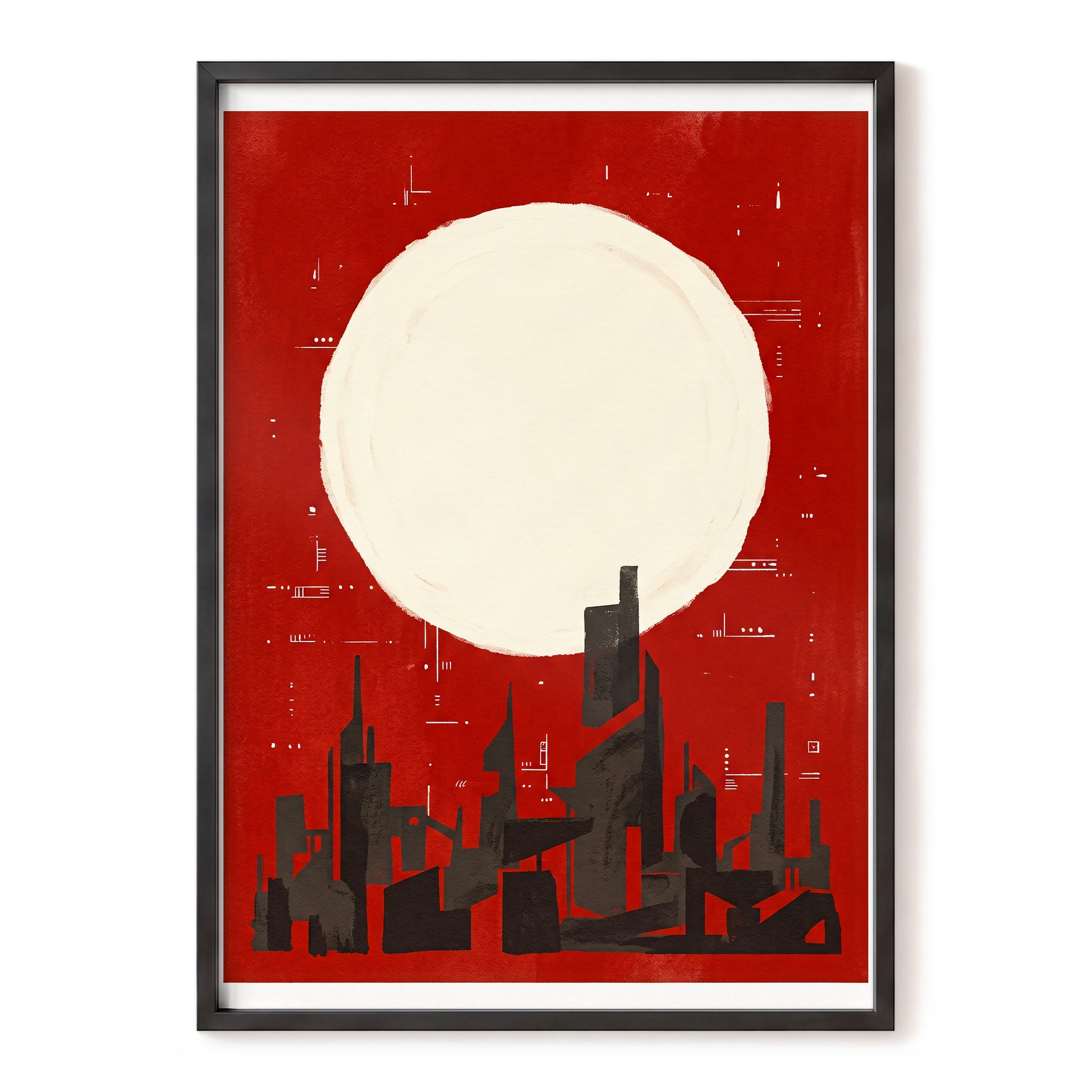 Crimson Moon Metropolis, red, beige, black minimalist wall art, front artwork view