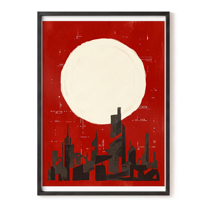 Crimson Moon Metropolis, red, beige, black minimalist wall art, front artwork view