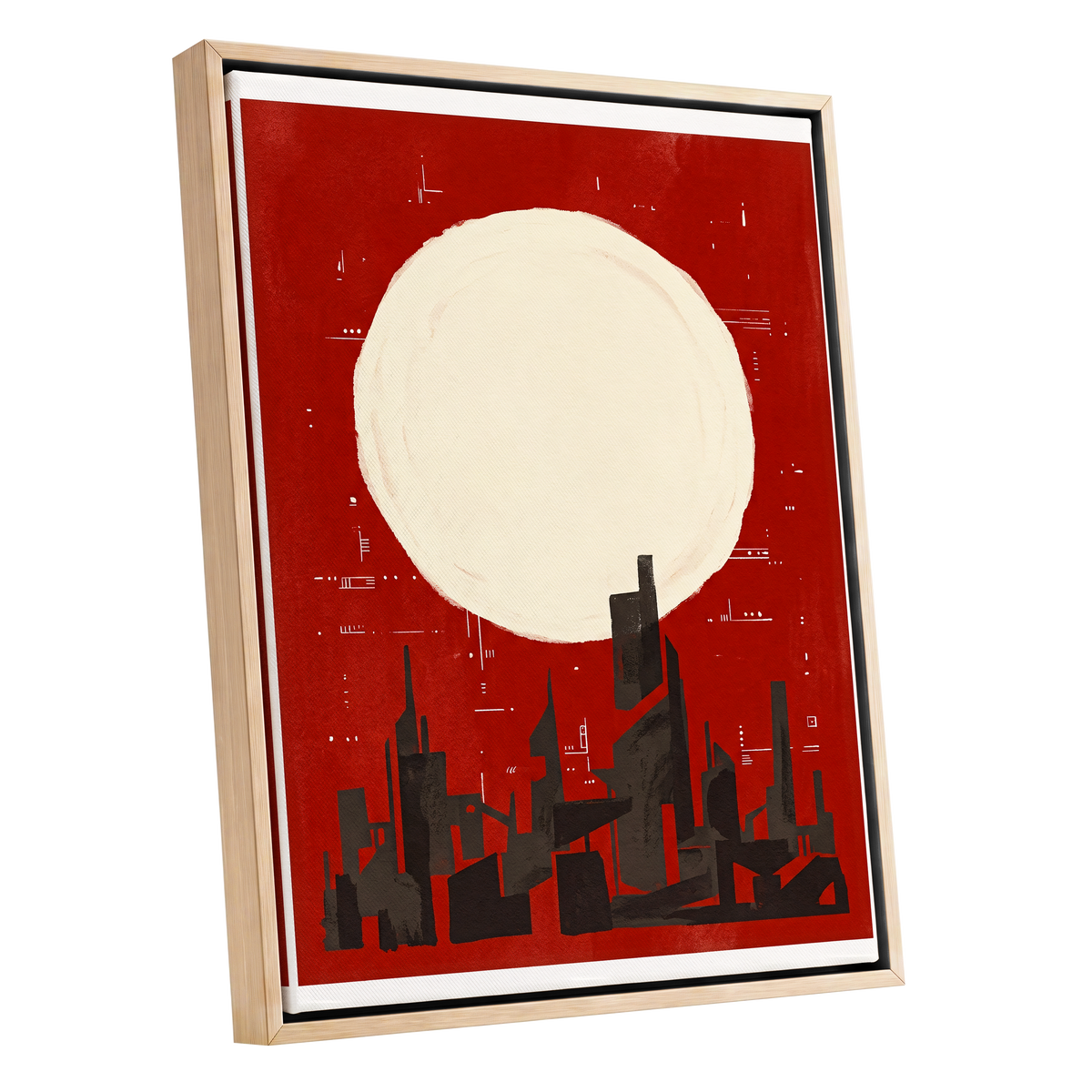 Crimson Moon Metropolis, red, beige, black minimalist wall art shown as a oak framed canvas wall art