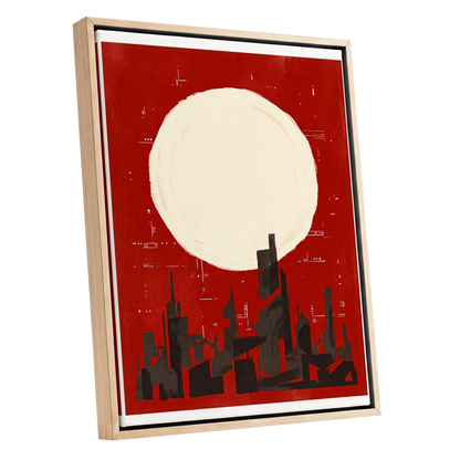 Crimson Moon Metropolis, red, beige, black minimalist wall art shown as a oak framed canvas wall art