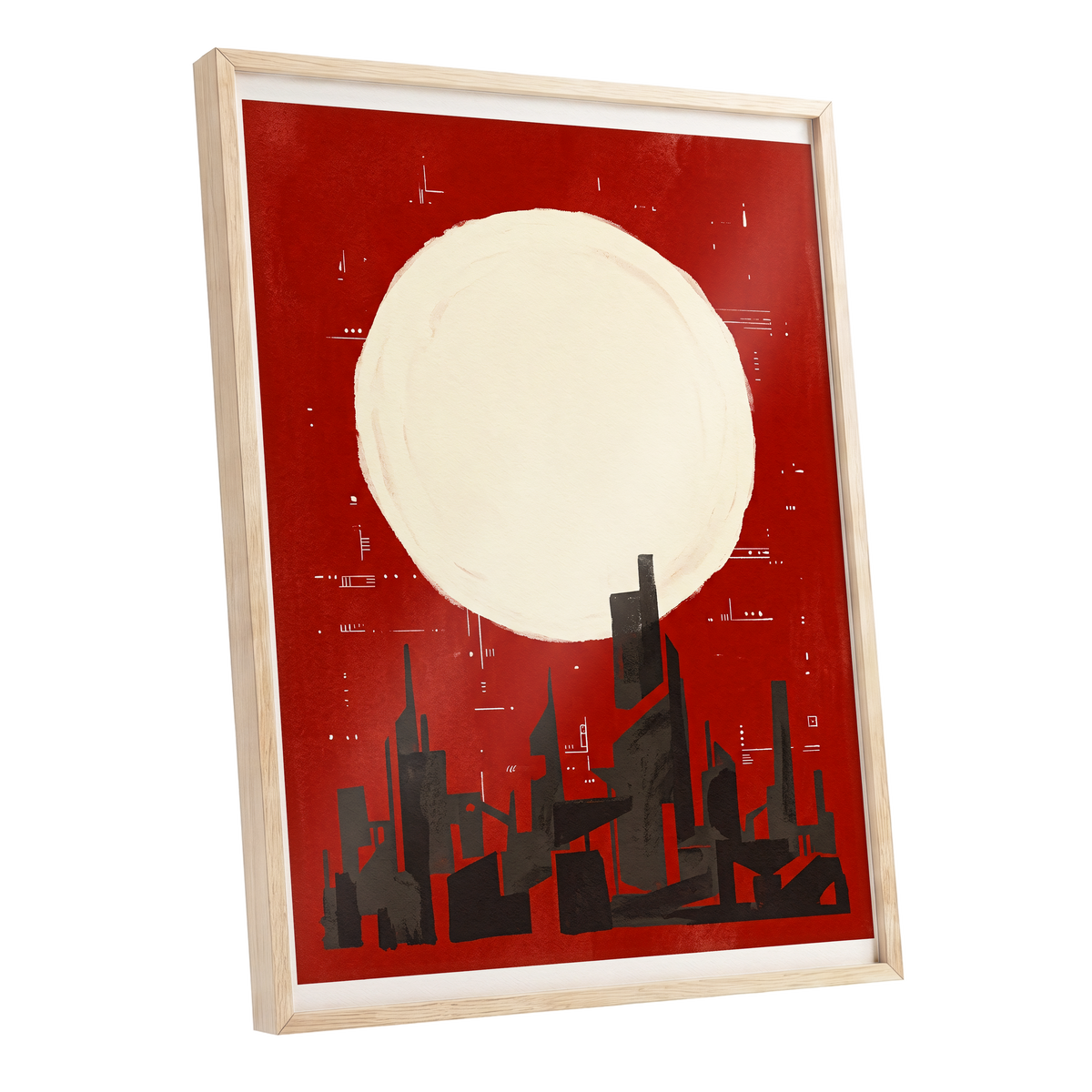 Crimson Moon Metropolis, red, beige, black minimalist wall art shown as a oak framed poster wall art print