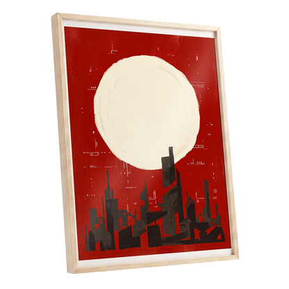 Crimson Moon Metropolis, red, beige, black minimalist wall art shown as a oak framed poster wall art print