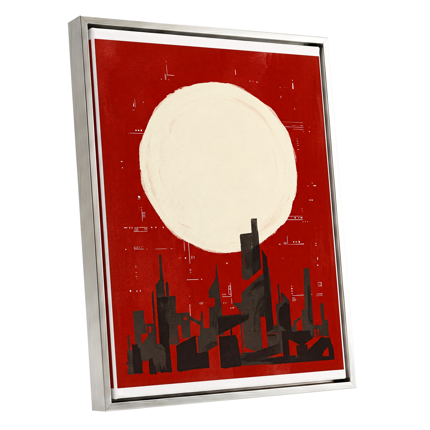 Crimson Moon Metropolis, red, beige, black minimalist wall art shown as a silver framed canvas wall art