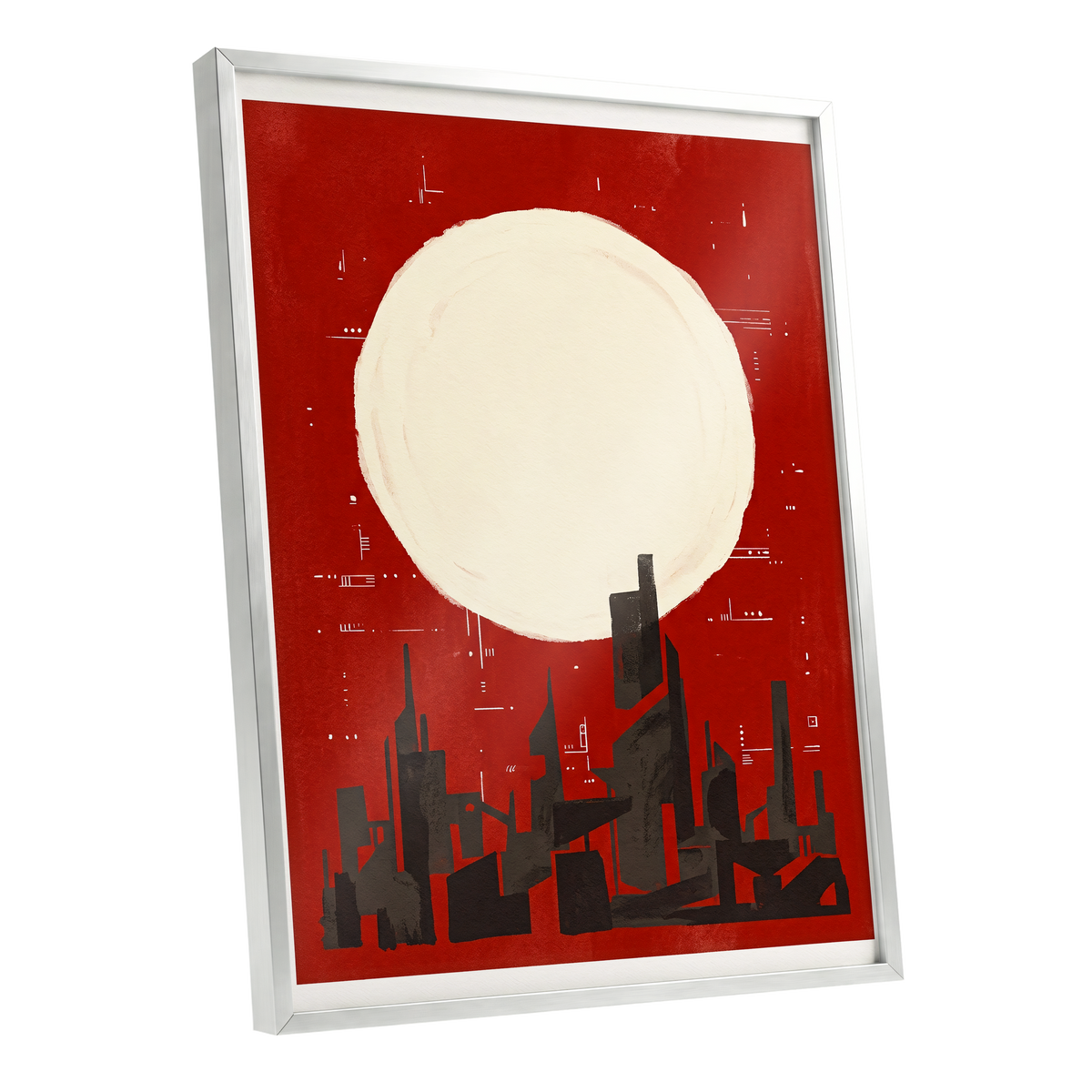 Crimson Moon Metropolis, red, beige, black minimalist wall art shown as a silver framed poster wall art print