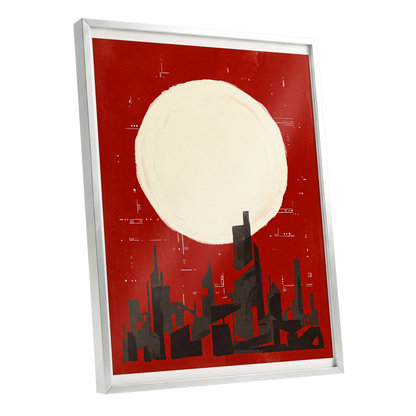 Crimson Moon Metropolis, red, beige, black minimalist wall art shown as a silver framed poster wall art print
