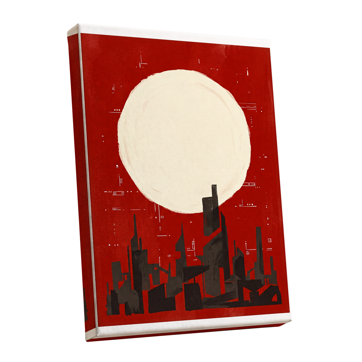 Crimson Moon Metropolis, red, beige, black minimalist wall art shown as a stretched canvas wall art