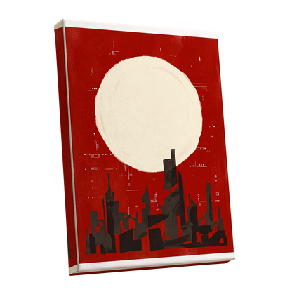 Crimson Moon Metropolis, red, beige, black minimalist wall art shown as a stretched canvas wall art