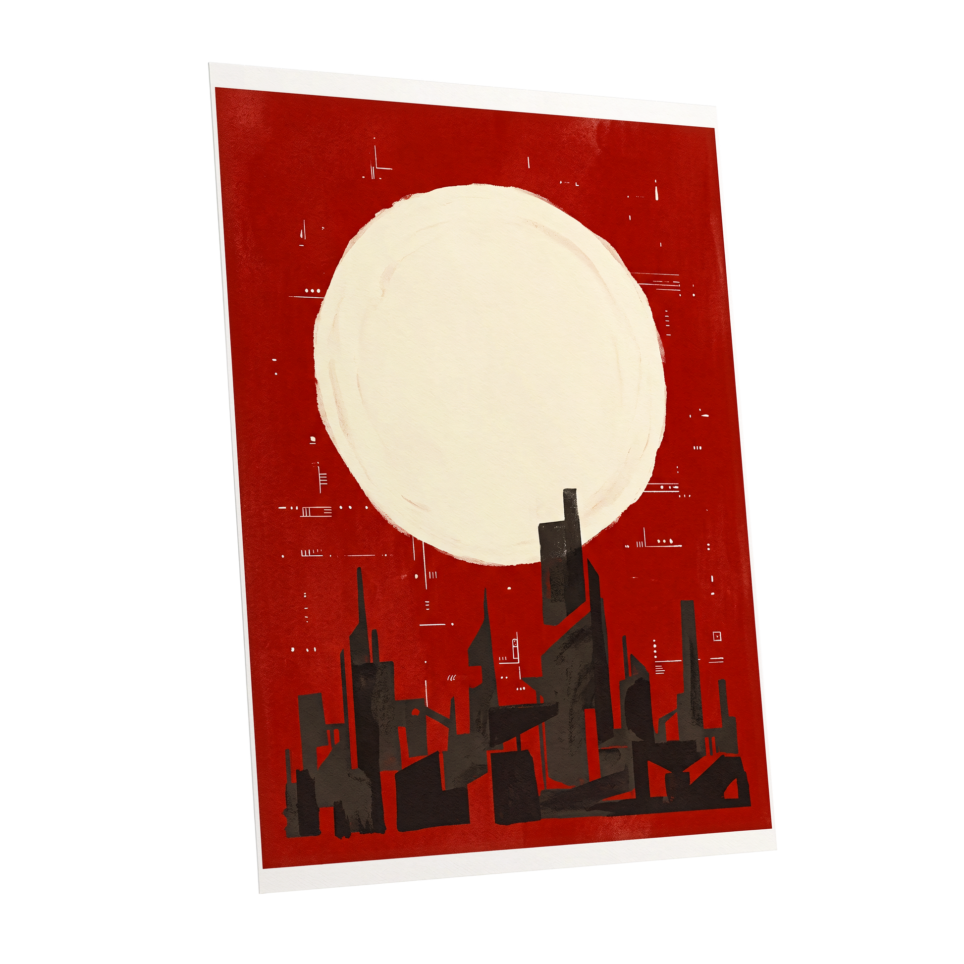 Crimson Moon Metropolis, red, beige, black minimalist wall art shown as a unframed poster wall art print