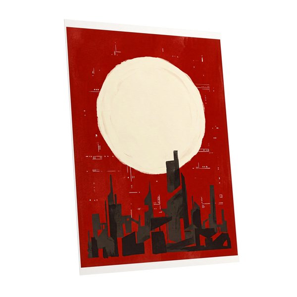 Crimson Moon Metropolis, red, beige, black minimalist wall art shown as a unframed poster wall art print