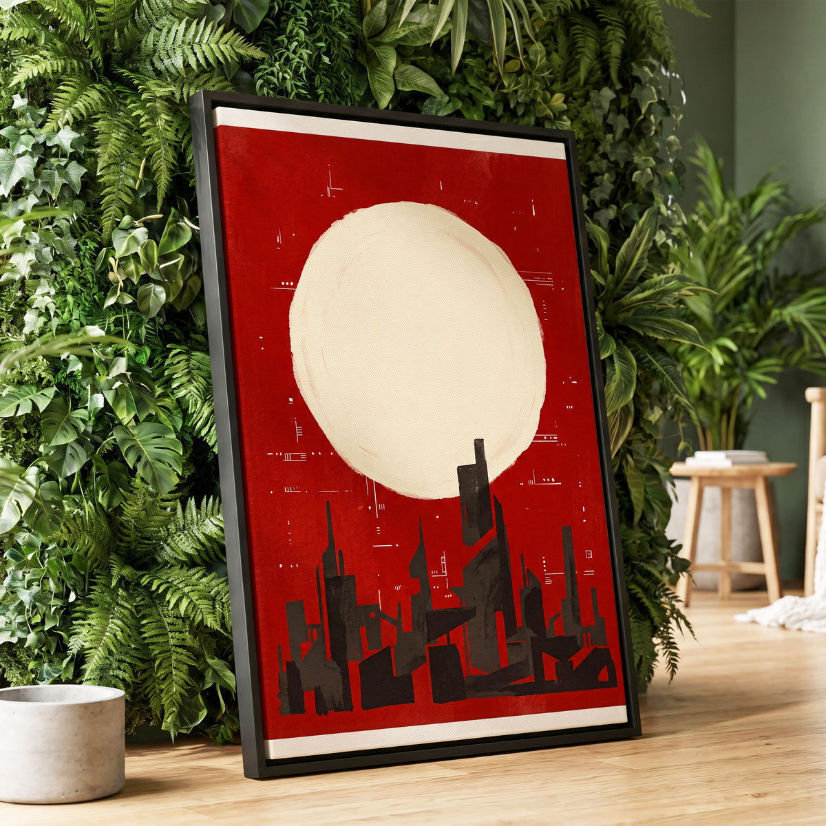 Crimson Moon Metropolis, red, beige, black minimalist wall art displayed in a styled interior, gallery view 1