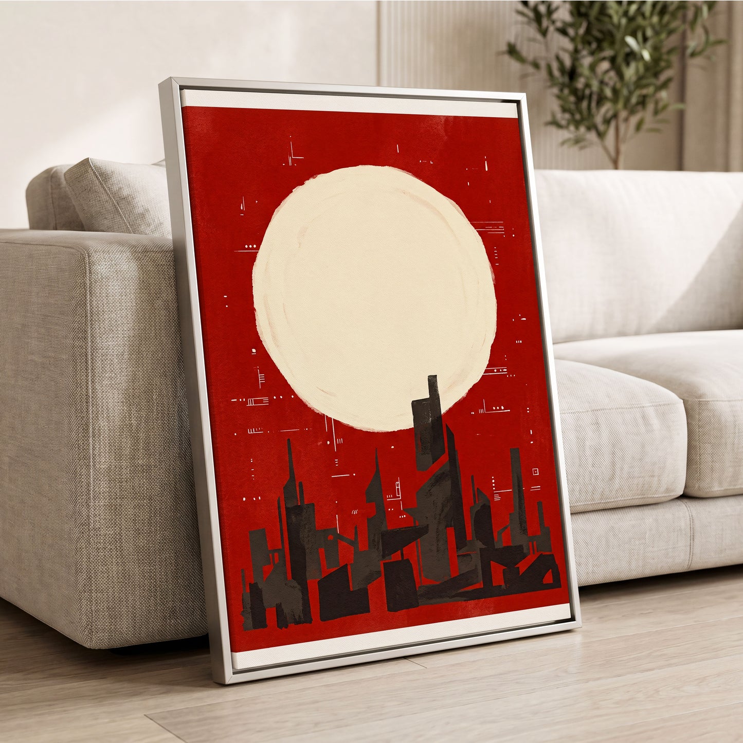 Crimson Moon Metropolis, red, beige, black minimalist wall art displayed in a styled interior, gallery view 2