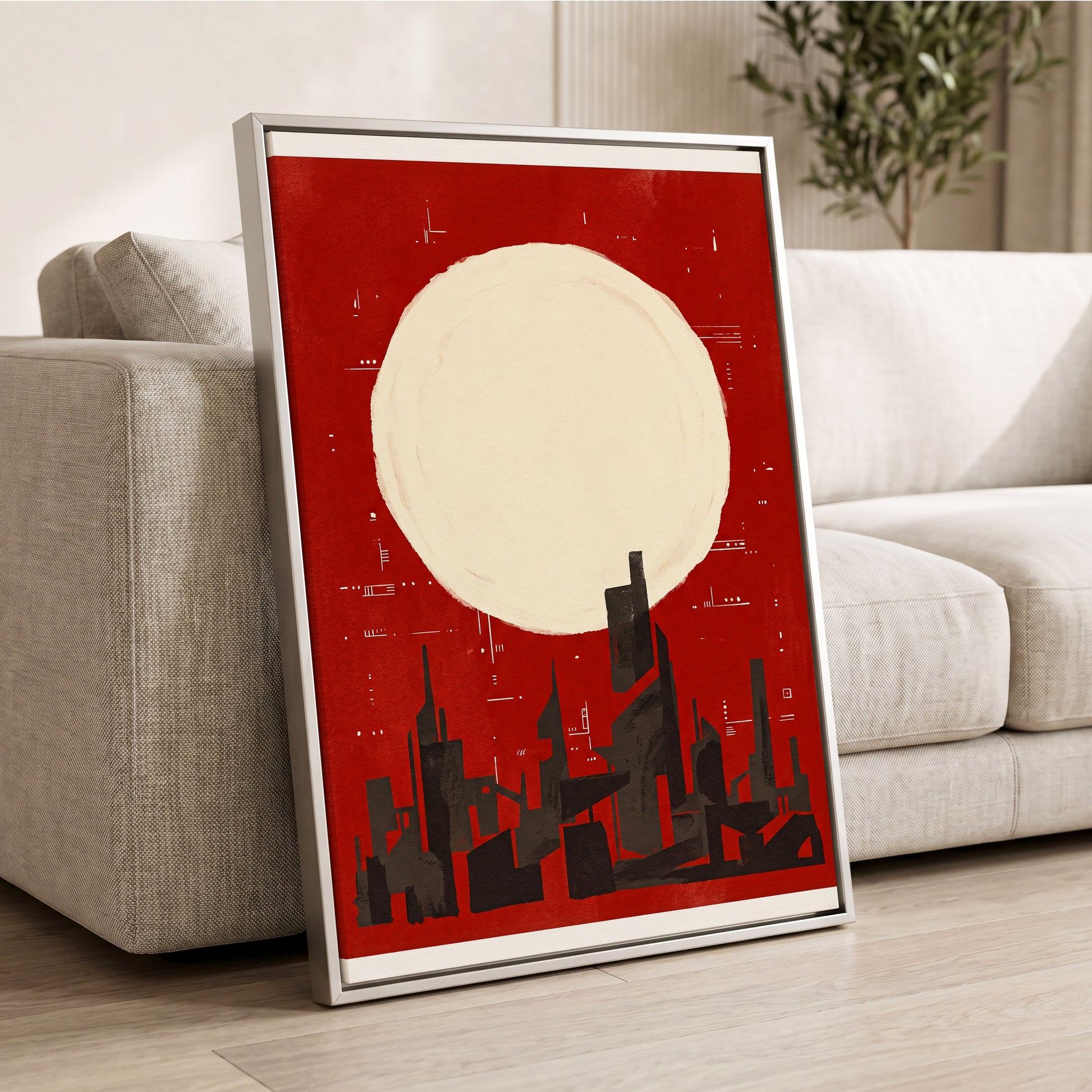 Crimson Moon Metropolis, red, beige, black minimalist wall art displayed in a styled interior, gallery view 2