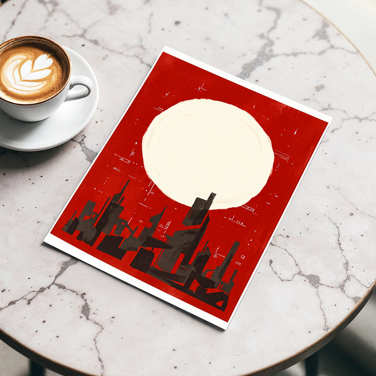 Crimson Moon Metropolis, red, beige, black minimalist wall art displayed in a styled interior, gallery view 3