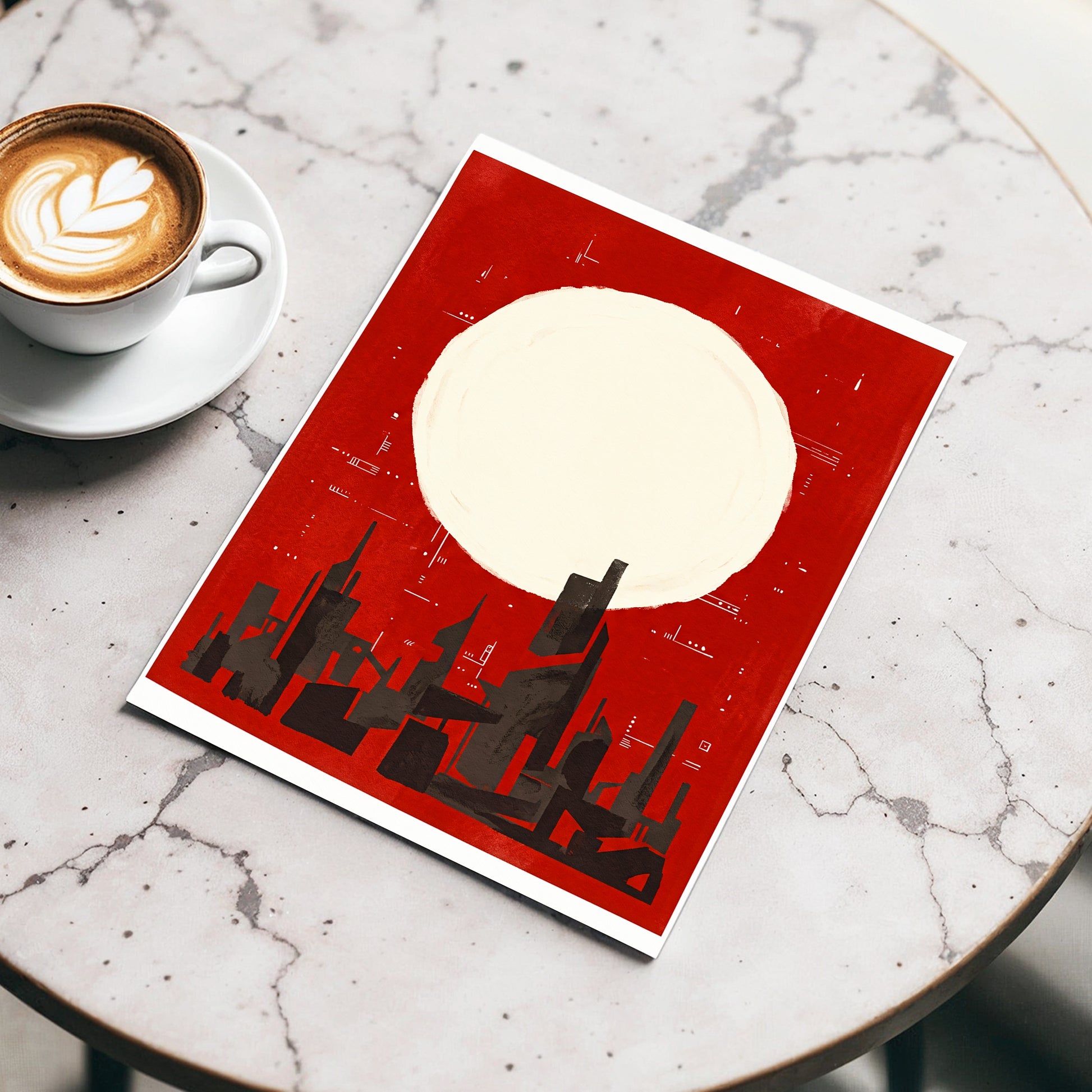 Crimson Moon Metropolis, red, beige, black minimalist wall art displayed in a styled interior, gallery view 3