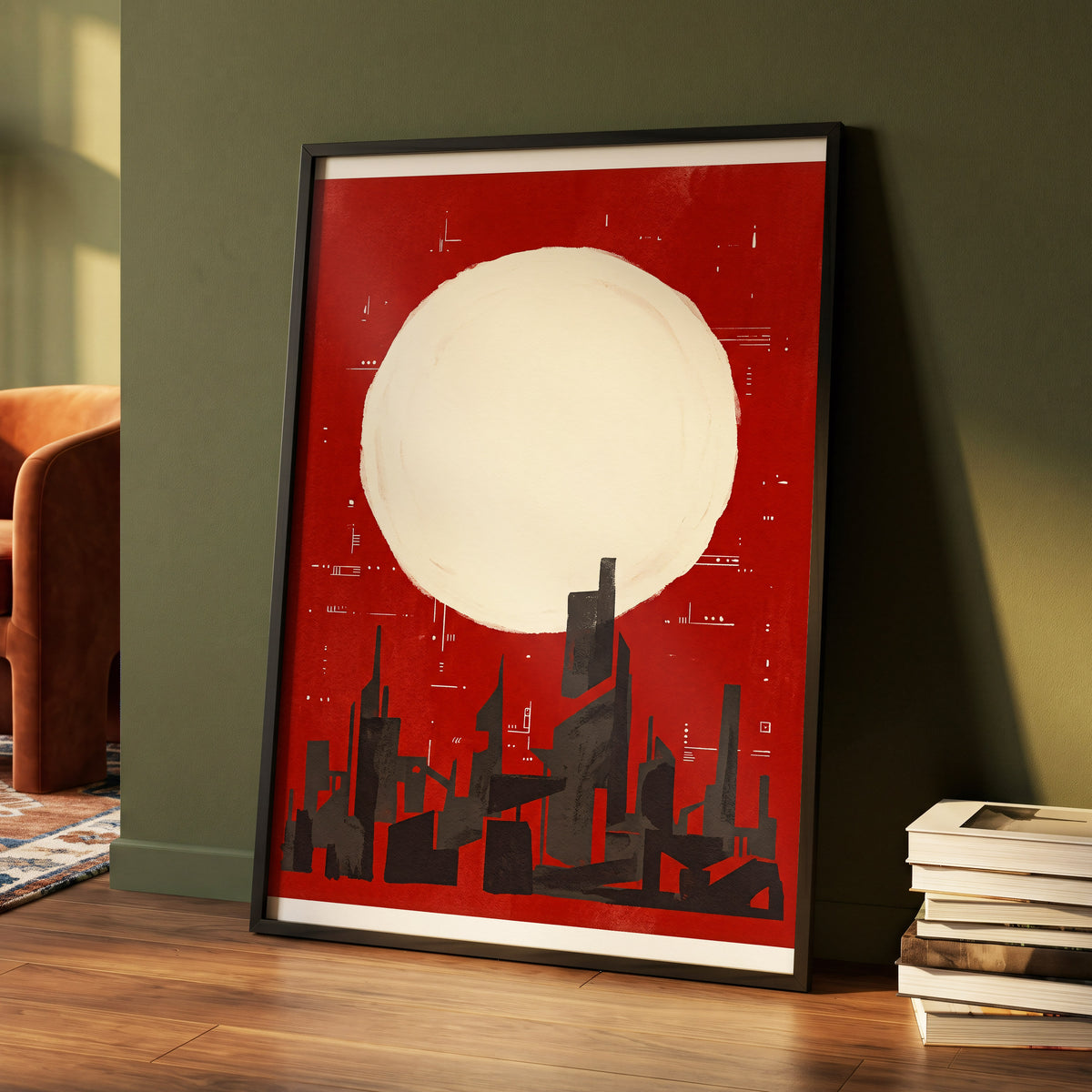 Crimson Moon Metropolis, red, beige, black minimalist wall art displayed in a styled interior, gallery view 4