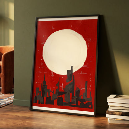 Crimson Moon Metropolis, red, beige, black minimalist wall art displayed in a styled interior, gallery view 4