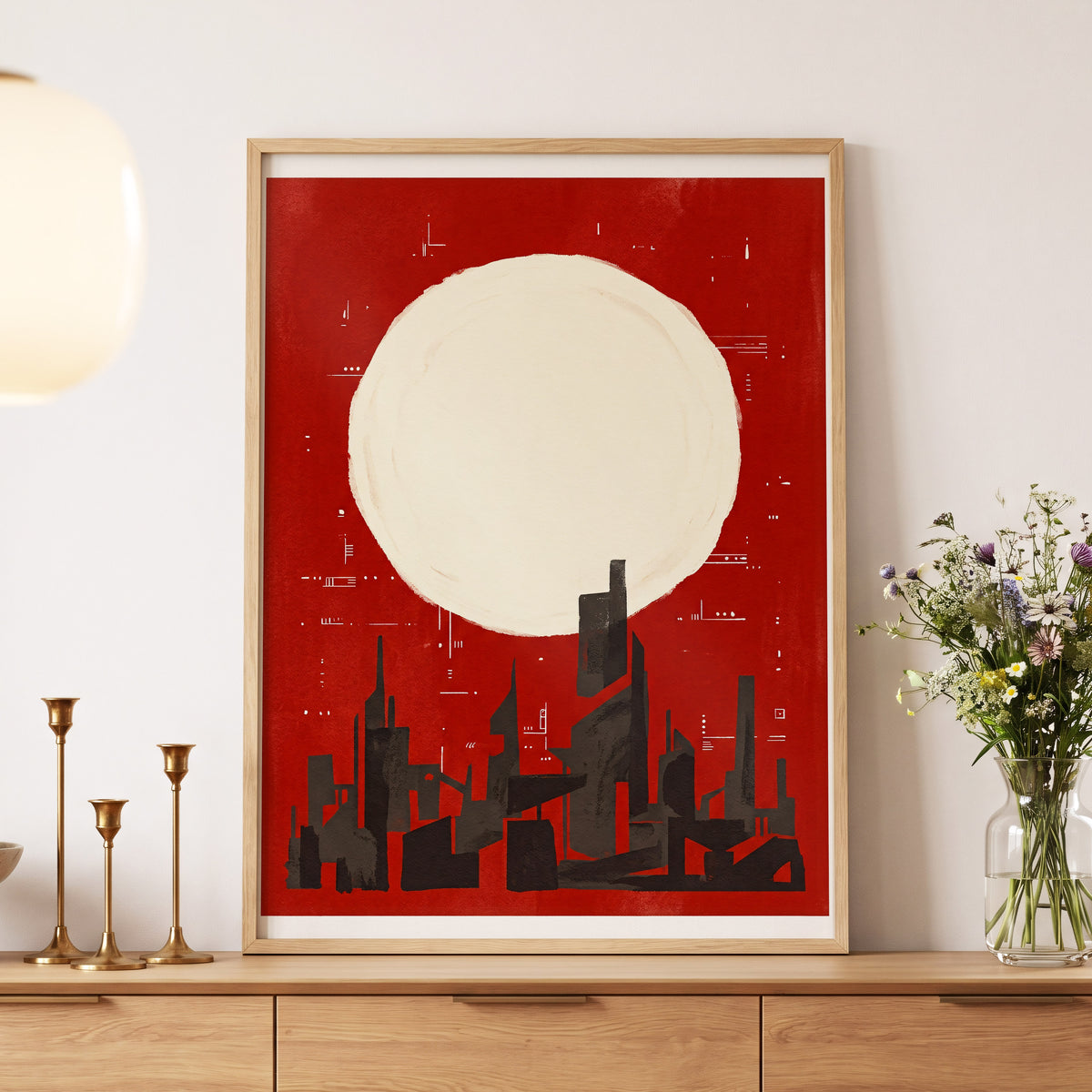 Crimson Moon Metropolis, red, beige, black minimalist wall art displayed in a styled interior, gallery view 5