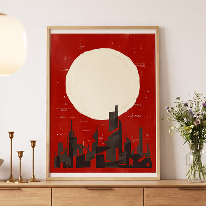 Crimson Moon Metropolis, red, beige, black minimalist wall art displayed in a styled interior, gallery view 5