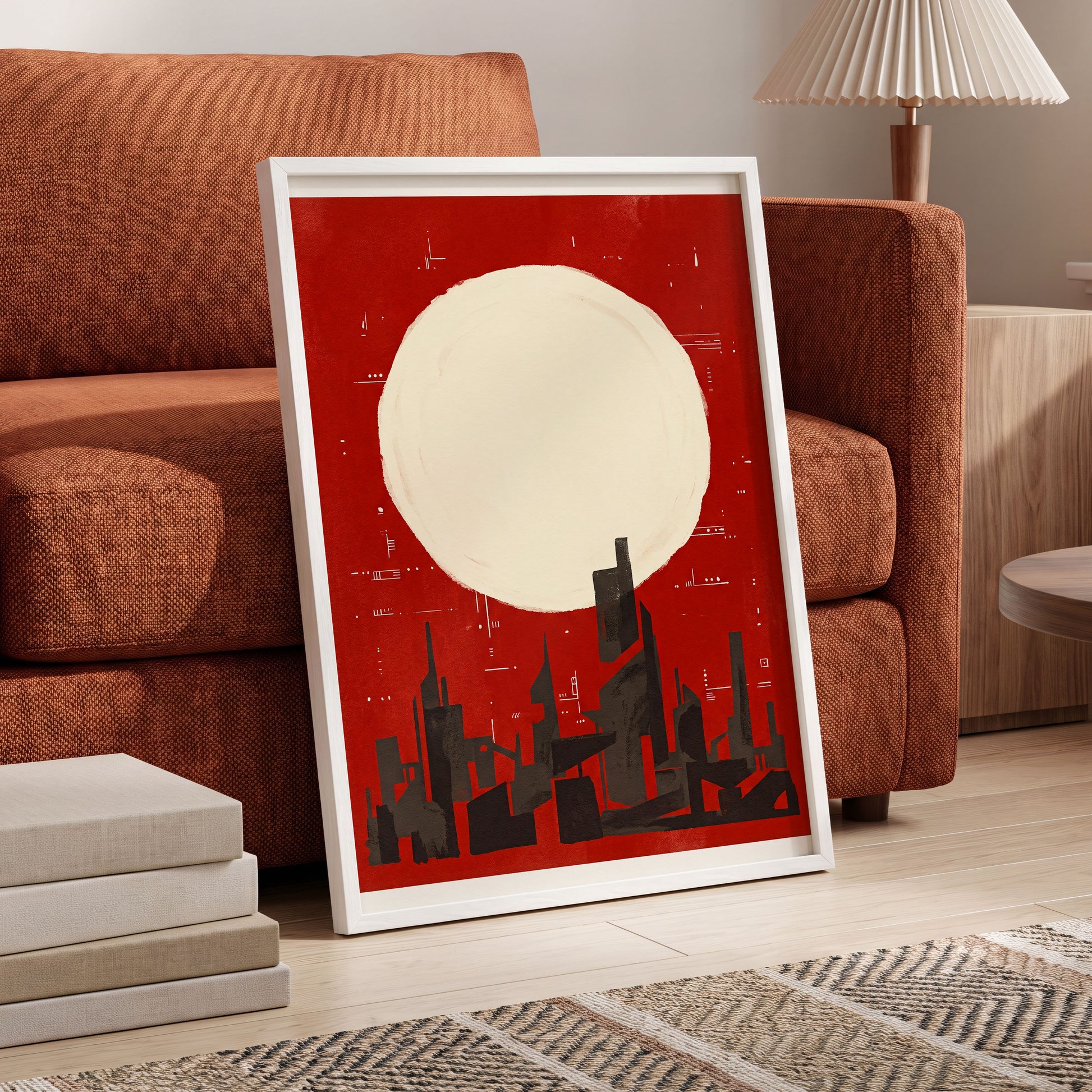 Crimson Moon Metropolis, red, beige, black minimalist wall art displayed in a styled interior, gallery view 6