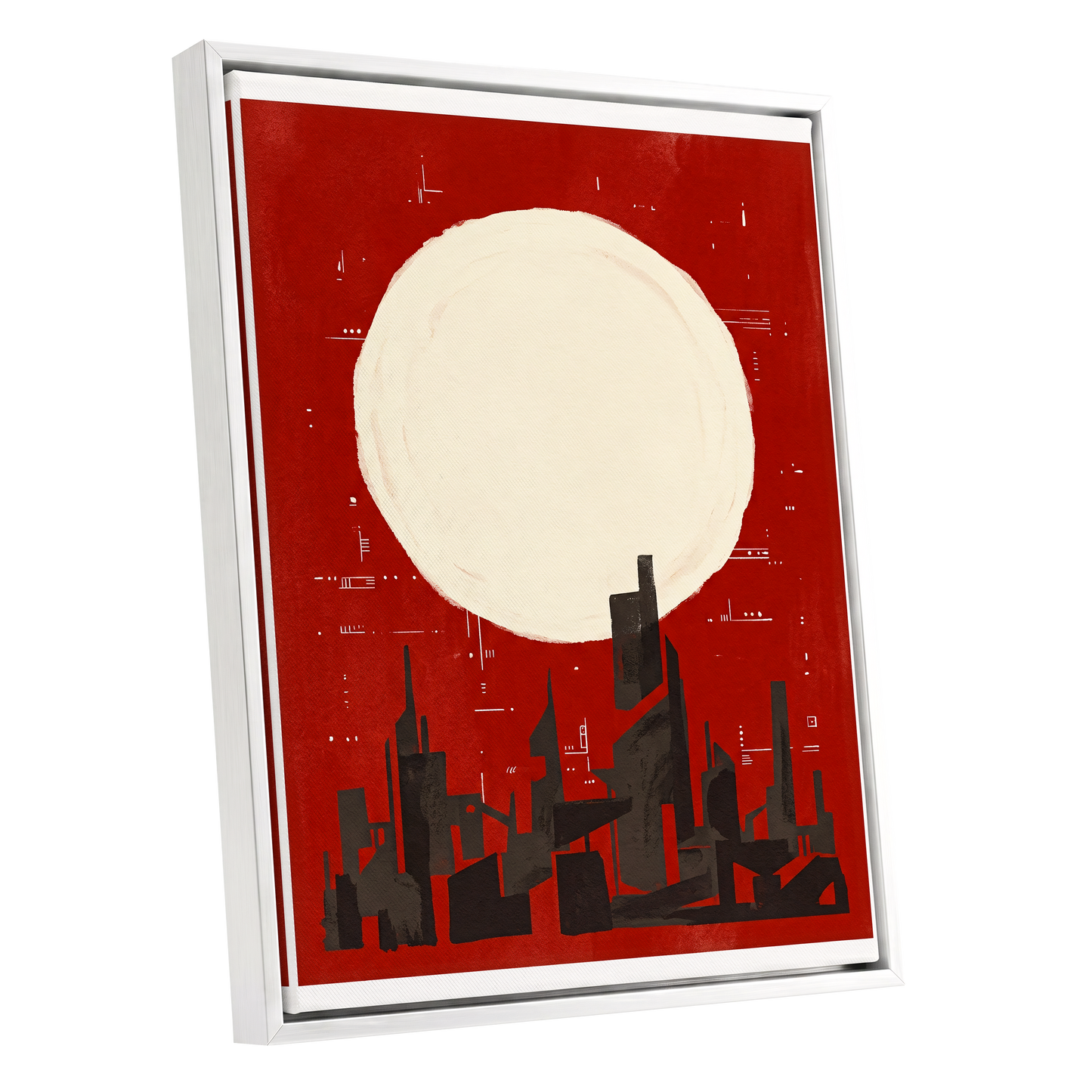 Crimson Moon Metropolis, red, beige, black minimalist wall art shown as a white framed canvas wall art