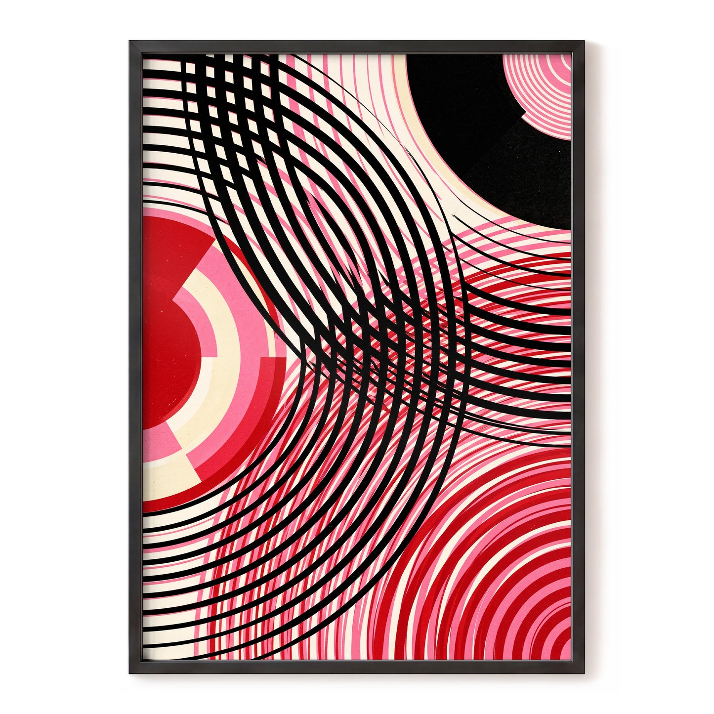 Crimson Orbit, black, pink, red abstract wall art, front artwork view