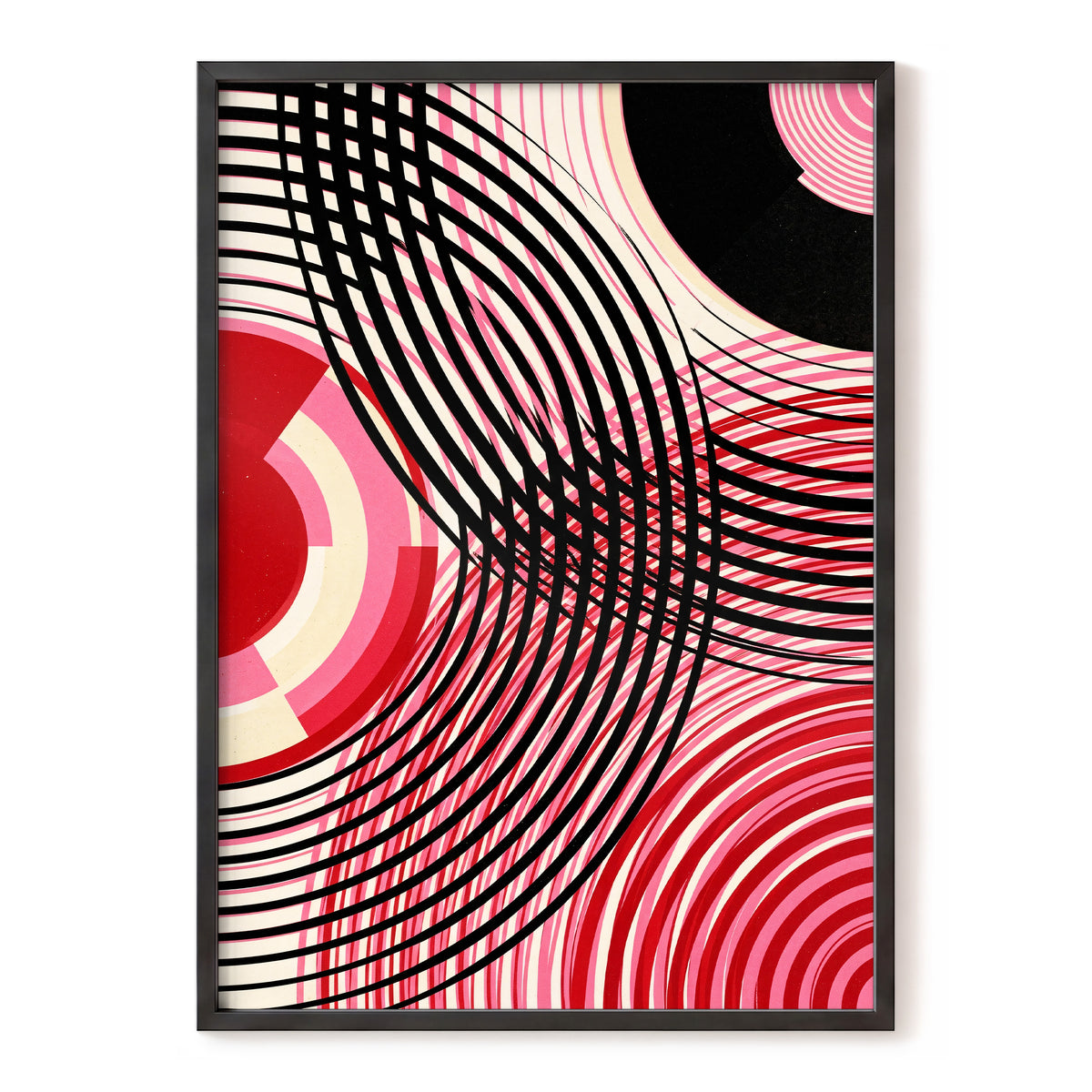 Crimson Orbit, black, pink, red abstract wall art, front artwork view