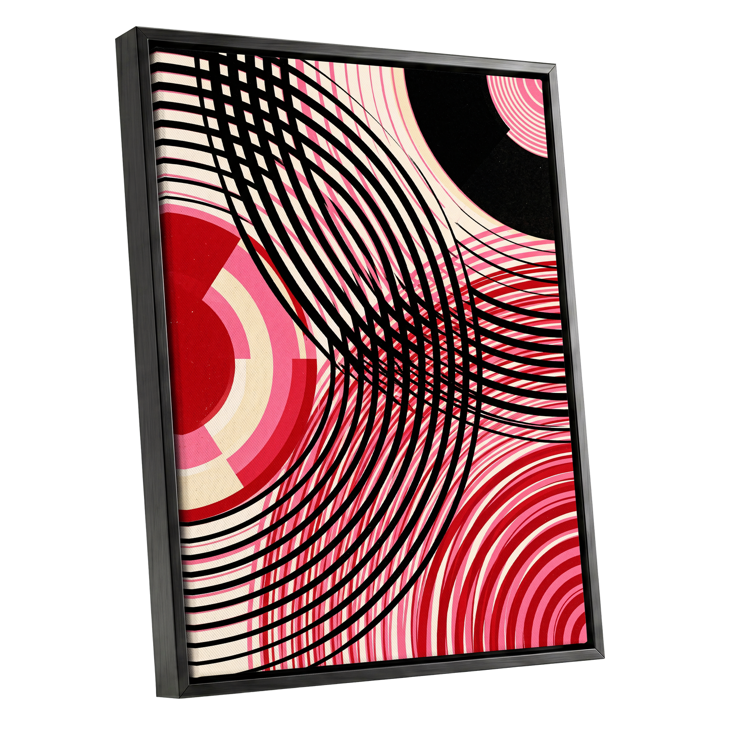 Crimson Orbit, black, pink, red abstract wall art shown as a black framed canvas wall art