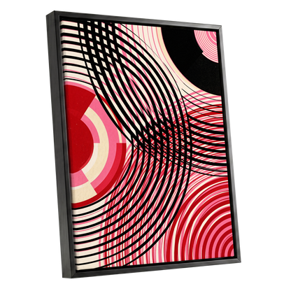 Crimson Orbit, black, pink, red abstract wall art shown as a black framed canvas wall art
