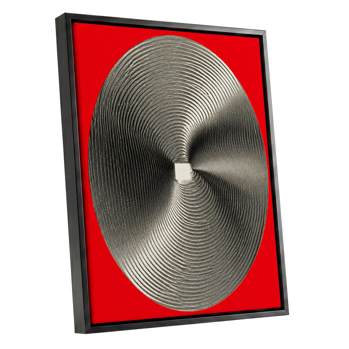 Crimson Orbit, red, black, gray abstract wall art shown as a black framed canvas wall art