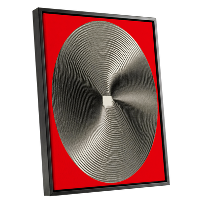 Crimson Orbit, red, black, gray abstract wall art shown as a black framed canvas wall art