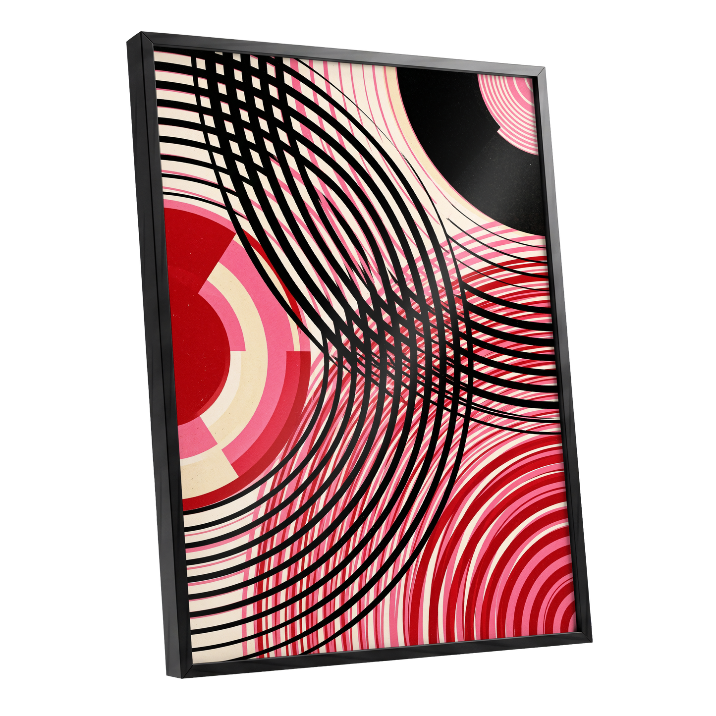 Crimson Orbit, black, pink, red abstract wall art shown as a black framed poster wall art print