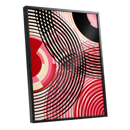 Crimson Orbit, black, pink, red abstract wall art shown as a black framed poster wall art print