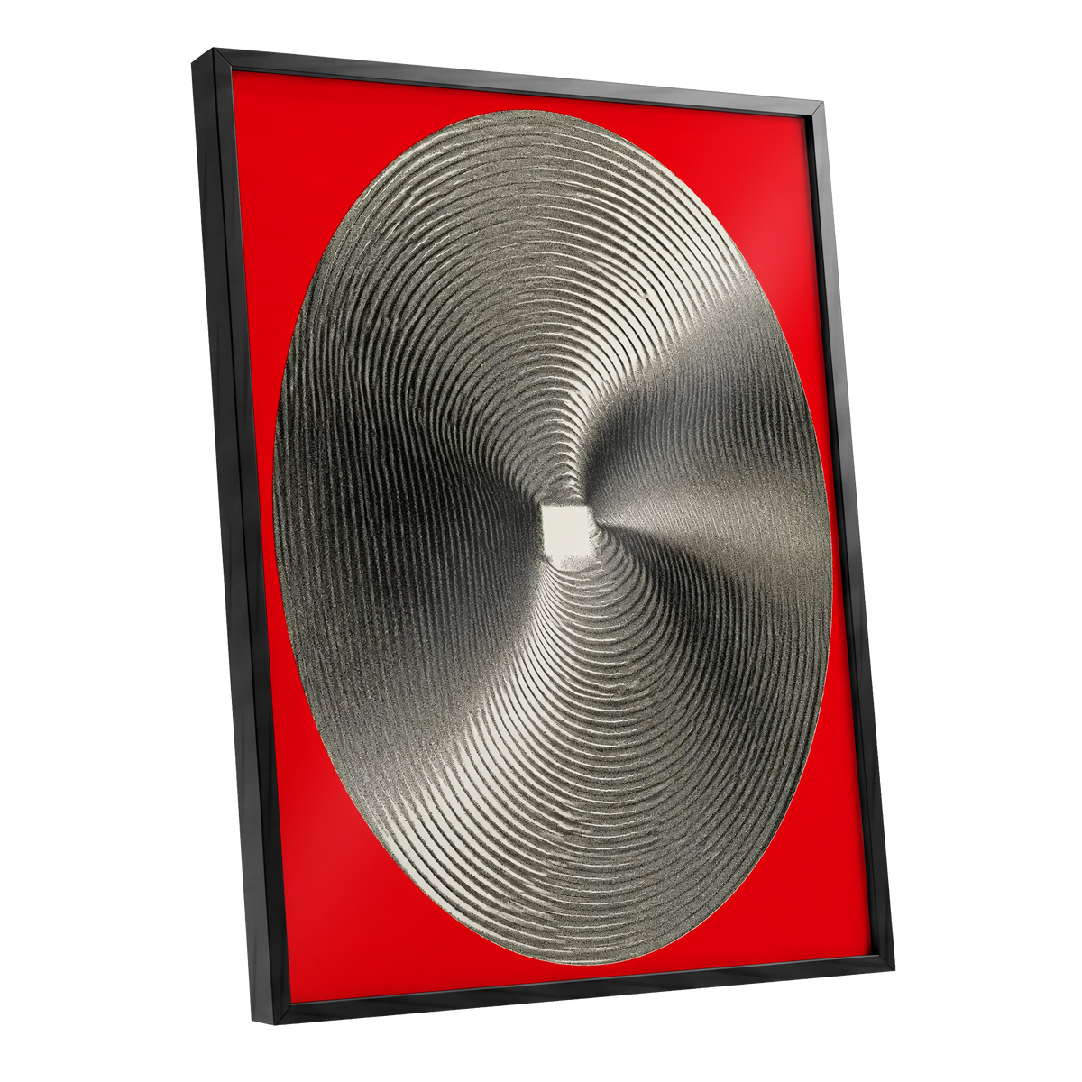 Crimson Orbit, red, black, gray abstract wall art shown as a black framed poster wall art print