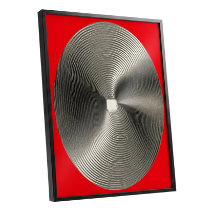 Crimson Orbit, red, black, gray abstract wall art shown as a black framed poster wall art print