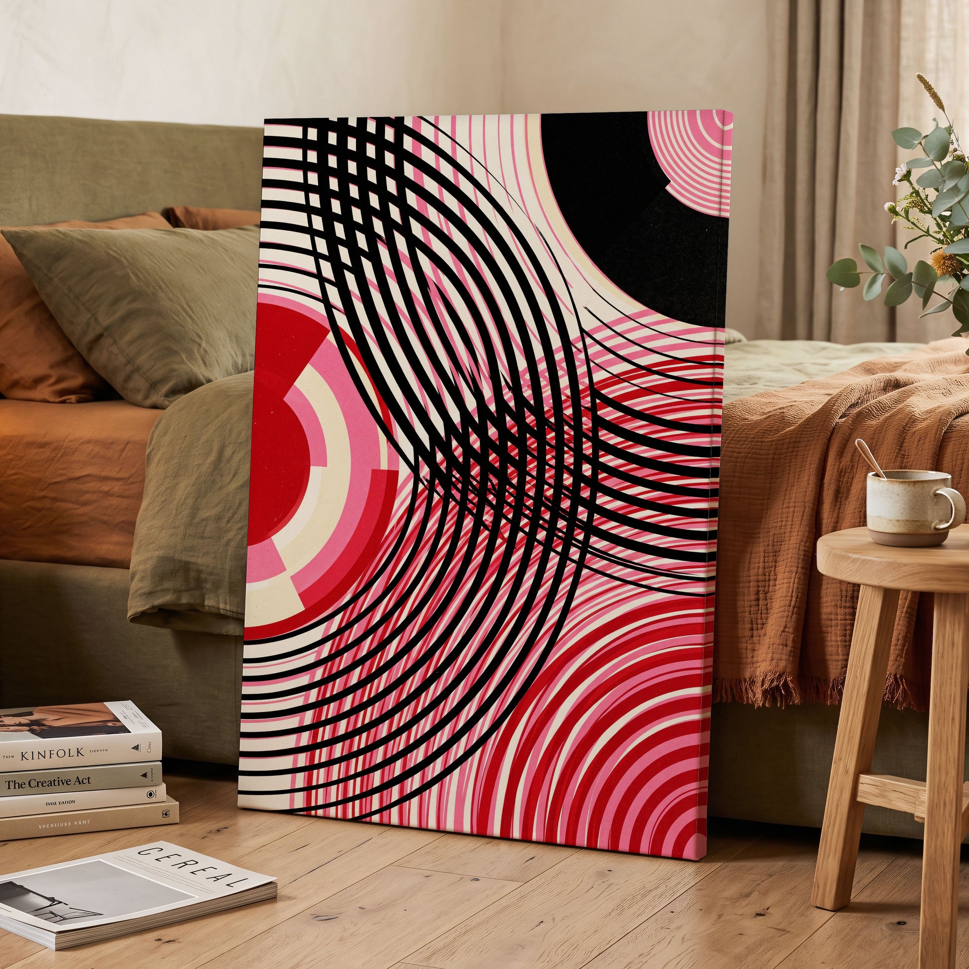 Crimson Orbit, black, pink, red abstract wall art on canvas displayed in a styled interior, gallery view 2