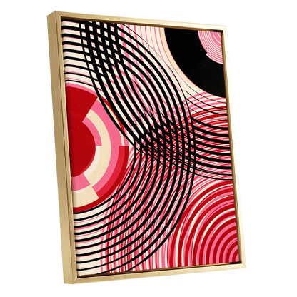 Crimson Orbit, black, pink, red abstract wall art shown as a gold framed canvas wall art