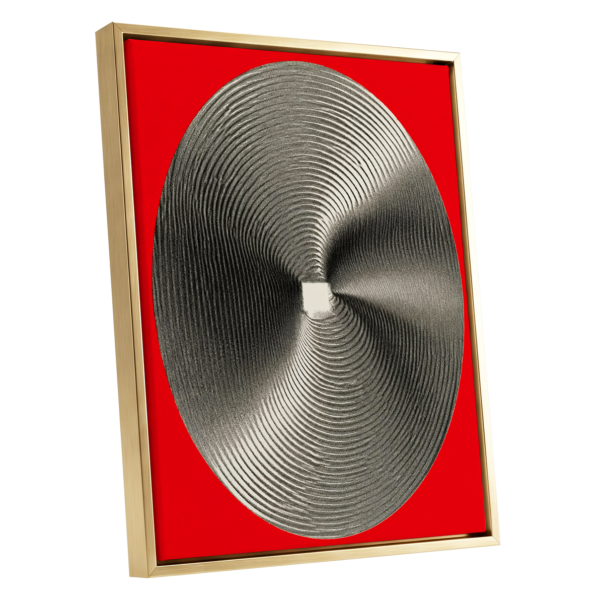 Crimson Orbit, red, black, gray abstract wall art shown as a gold framed canvas wall art